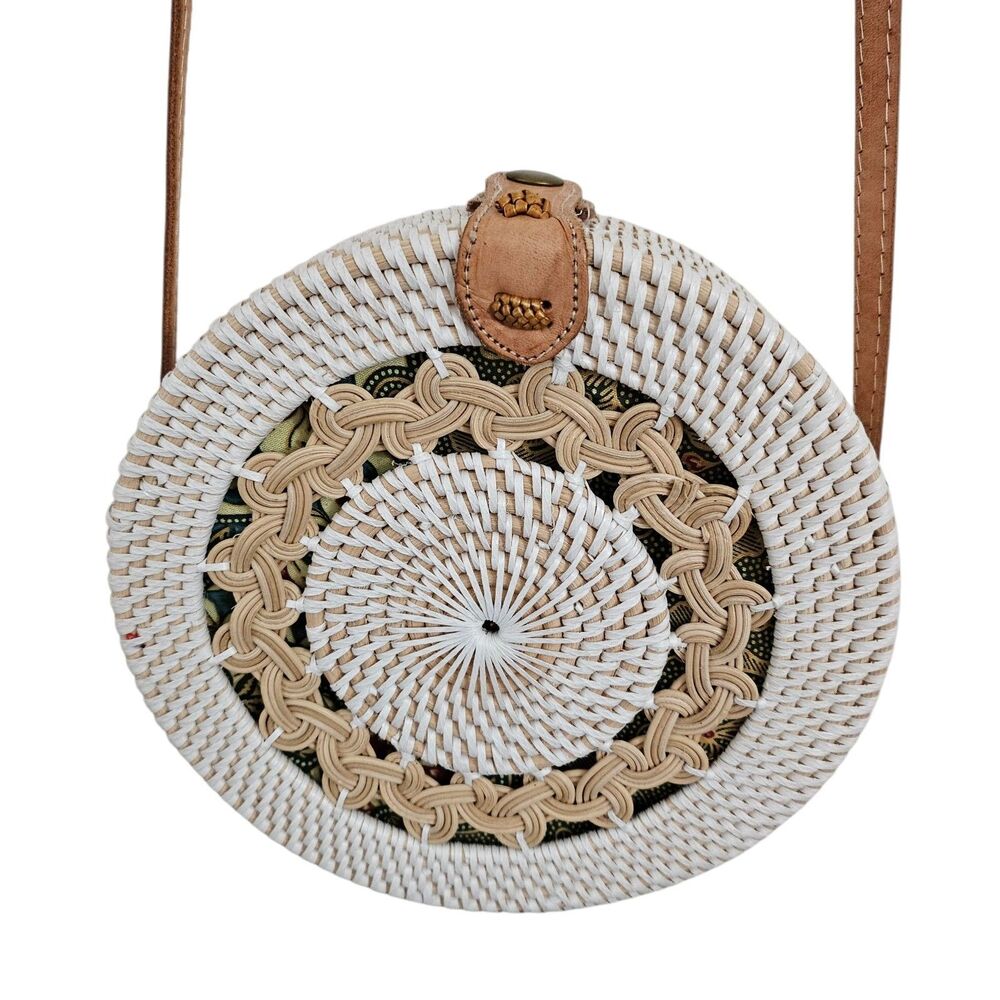 Round Straw Bag White Wicker Rattan Handwoven Crossbody Beach Boho Resortwear